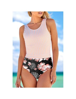 Azura Exchange Striped Floral Print Backless One-piece Swimwear