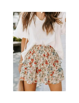Azura Exchange Beige Smocked High Waist Ruffle Tiered Floral Skirt