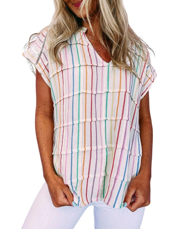 Azura Exchange Multicolor Striped Pintuck Tiered Cap Sleeve Blouse, hi-res image number null