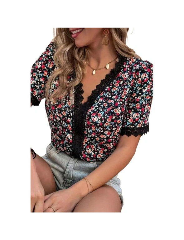 Azura Exchange Multicolor Ditsy Floral Lace Trim Casual Blouse, hi-res image number null