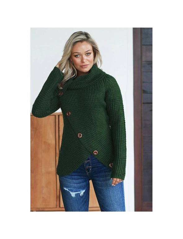 Azura Exchange Olive Green Buttoned Wrap Turtleneck Sweater, hi-res image number null