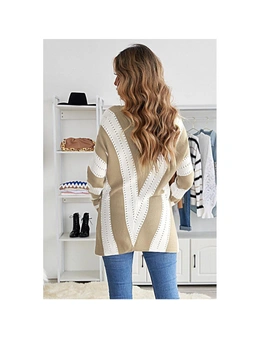 Azura Exchange Khaki Striped Colorblock V Neck Knitted Sweater