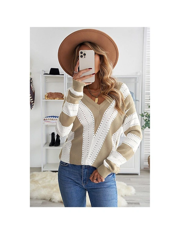 Azura Exchange Khaki Striped Colorblock V Neck Knitted Sweater, hi-res image number null
