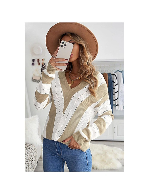 Azura Exchange Khaki Striped Colorblock V Neck Knitted Sweater, hi-res image number null