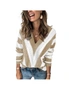 Azura Exchange Khaki Striped Colorblock V Neck Knitted Sweater, hi-res