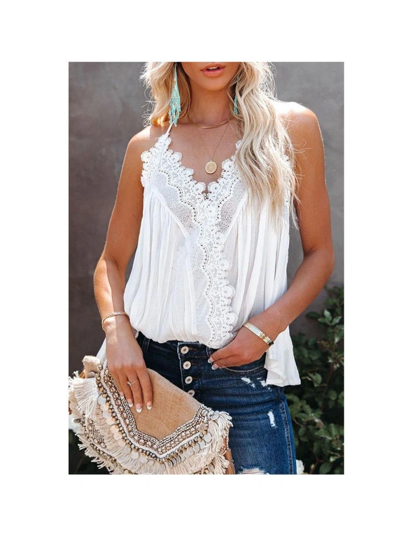 White Lace Splicing Ruffled V Neck Cami Top