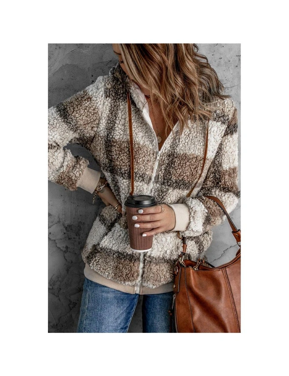 Azura Exchange Khaki Plaid Print Zipper Fleece Hooded Coat, hi-res image number null