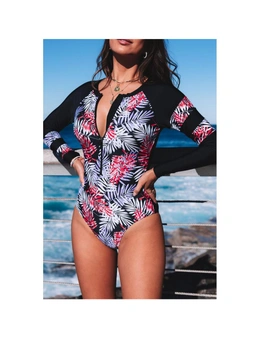 Azura Exchange Leaves Print Zip-up Long Sleeve Surf Rash Guard Swimwear