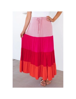 Azura Exchange Color Block Tiered Drawstring High Waist Maxi Skirt
