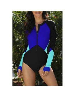 Azura Exchange Color Block Zipper Long Sleeve Rash Guard Swimwear