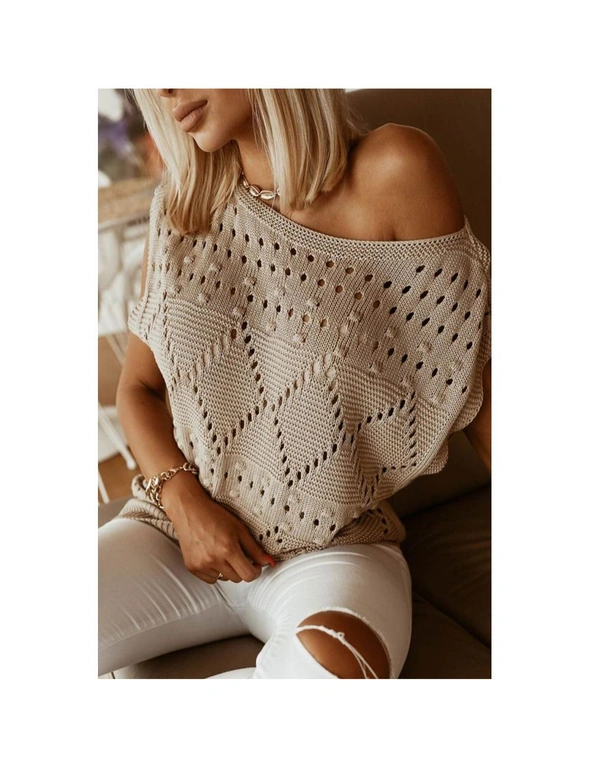 Azura Exchange Khaki Pointelle Knit Short Dolman Sleeve Sweater Top, hi-res image number null
