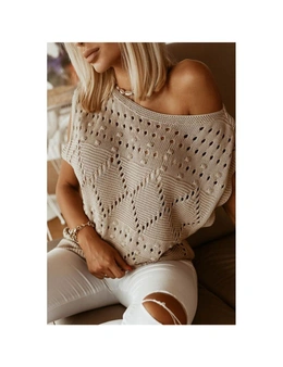 Azura Exchange Khaki Pointelle Knit Short Dolman Sleeve Sweater Top