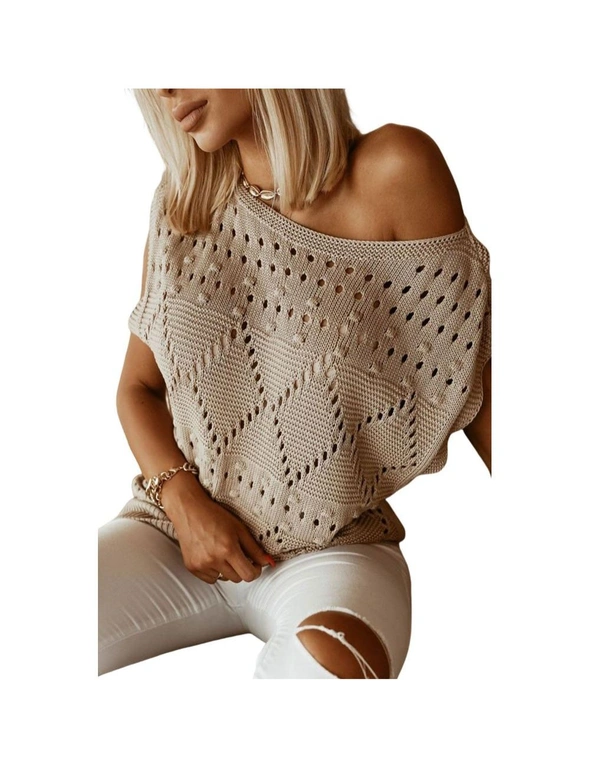 Azura Exchange Khaki Pointelle Knit Short Dolman Sleeve Sweater Top, hi-res image number null