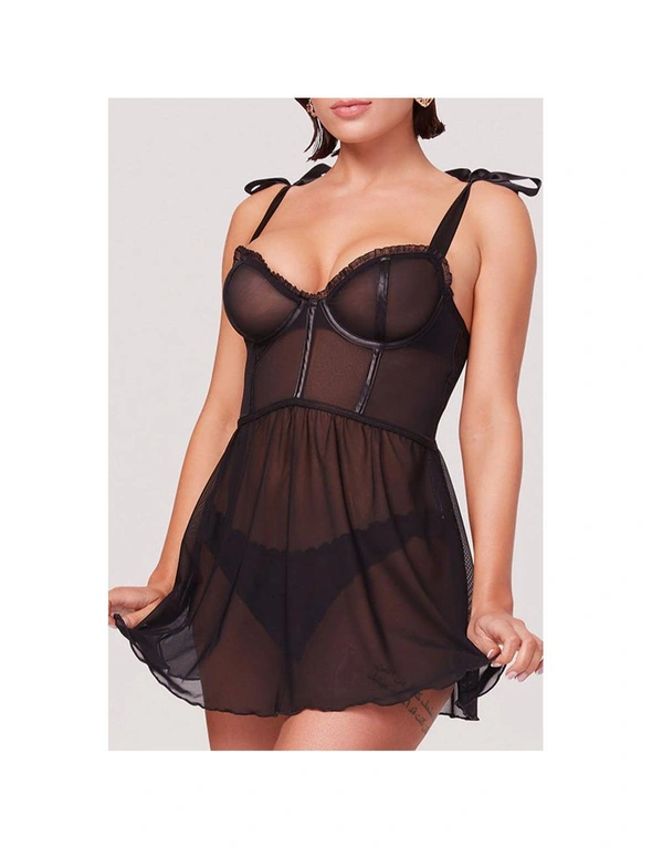 Azura Exchange Sheer Mesh Leatherette Piping Tie Straps Babydoll, hi-res image number null