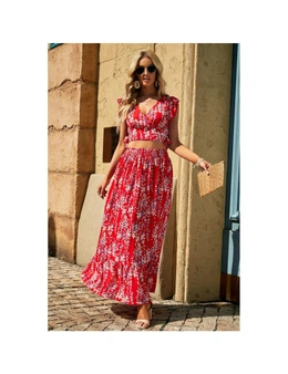 Azura Exchange Multicolor Floral Ruffled Crop Top and Maxi Skirt Set