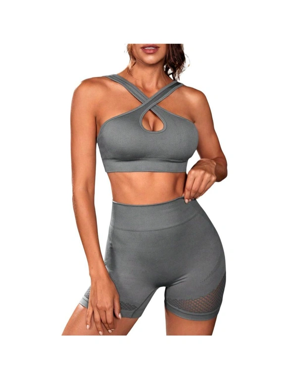 Azura Exchange Cross Straps Cutout Bra and High Waist Shorts Set, hi-res image number null