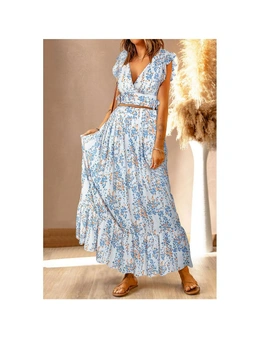Azura Exchange Floral Ruffled Crop Top and Maxi Skirt Set