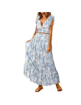 Azura Exchange Floral Ruffled Crop Top and Maxi Skirt Set