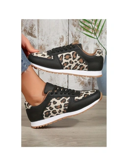 Azura Exchange Black Casual Leopard PU Patchwork Lace up Sneakers