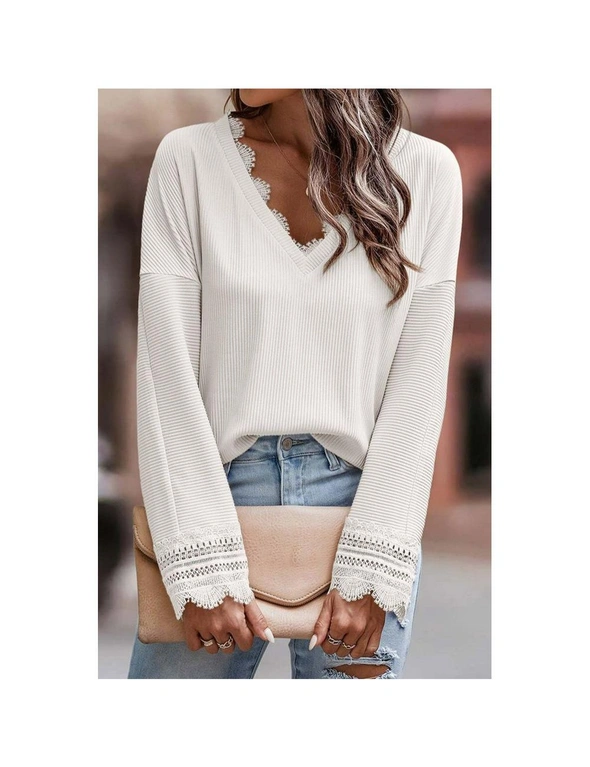 Cropped Lace Trim Long Sleeve Top in White/white