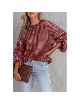 Azura Exchange Red Heathered Knit Drop Shoulder Puff Sleeve Sweater