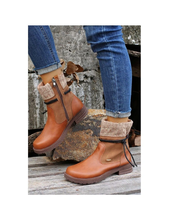 Azura Exchange Chestnut Contrast Leather Knitted Patchwork Ankle Boots, hi-res image number null