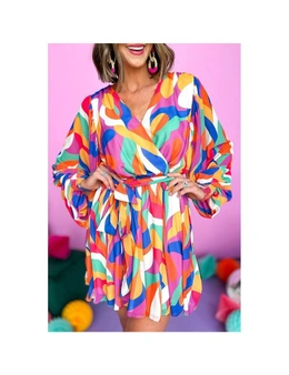 Azura Exchange Multicolor Abstract Printed Belted Puff Sleeve Mini Dress