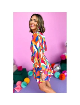 Azura Exchange Multicolor Abstract Printed Belted Puff Sleeve Mini Dress