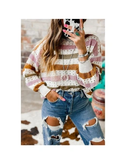 Azura Exchange Multicolor Striped Hollowed Knitted Loose Sweater