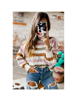 Azura Exchange Multicolor Striped Hollowed Knitted Loose Sweater