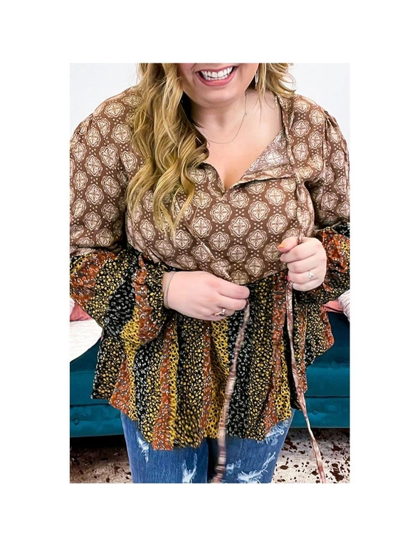 Azura Exchange Brown Mix Floral Striped Ethnic Splicing Plus Size Blouse, hi-res image number null