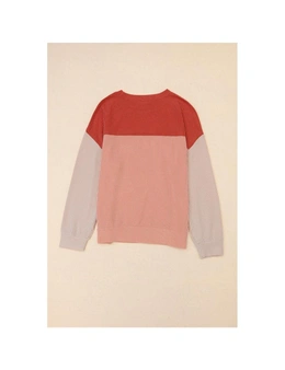 Azura Exchange Red Color Block Long Sleeve Ribbed Loose Top