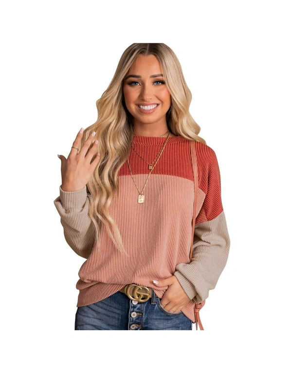 Azura Exchange Red Color Block Long Sleeve Ribbed Loose Top, hi-res image number null