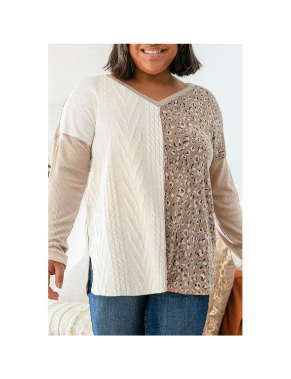 Azura Exchange Gray Plus Size Leopard Patchwork Mix Knit Long Sleeve Top, hi-res image number null