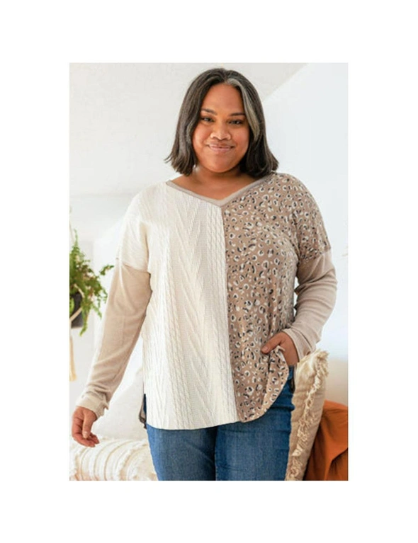 Azura Exchange Gray Plus Size Leopard Patchwork Mix Knit Long Sleeve Top, hi-res image number null