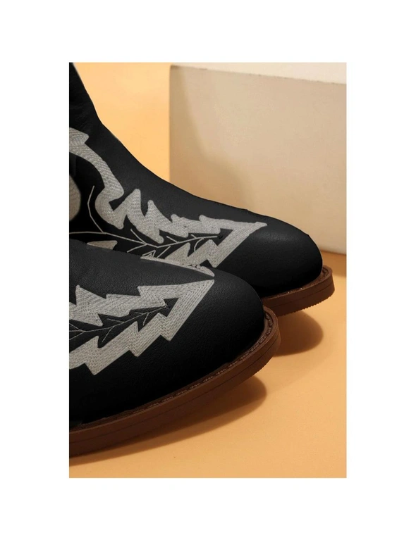 Azura Exchange Black Embroidered Leather Thick Heel Booties, hi-res image number null