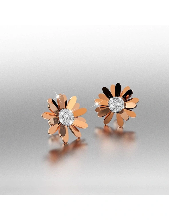 Bullion Gold Morning Daisy with Created Diamonds Stud Earrings in Rose Gold Layered Steel Jewellery, hi-res image number null