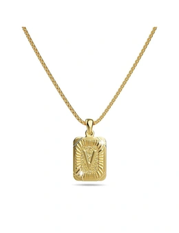 Bullion Gold Vintage Inspired Initial Medal Gold Bar Pendant Round Box Chain Necklace - V