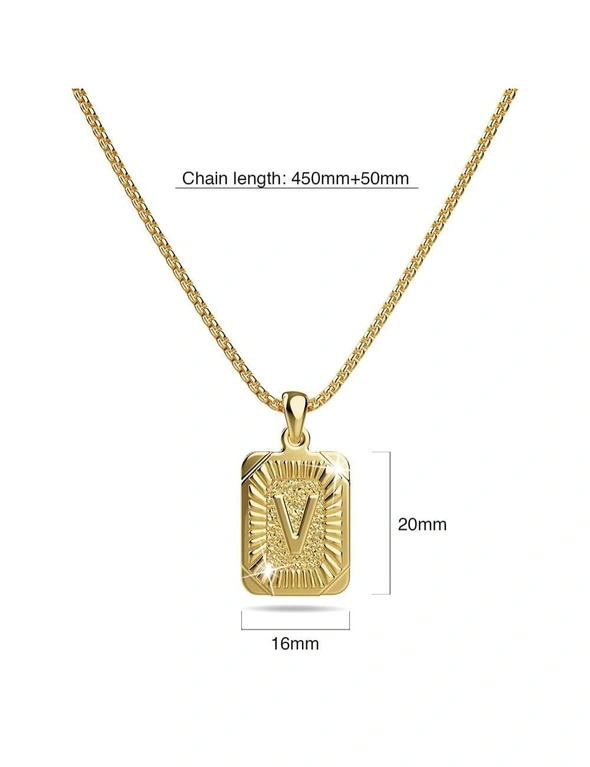 Bullion Gold Vintage Inspired Initial Medal Gold Bar Pendant Round Box Chain Necklace - V, hi-res image number null