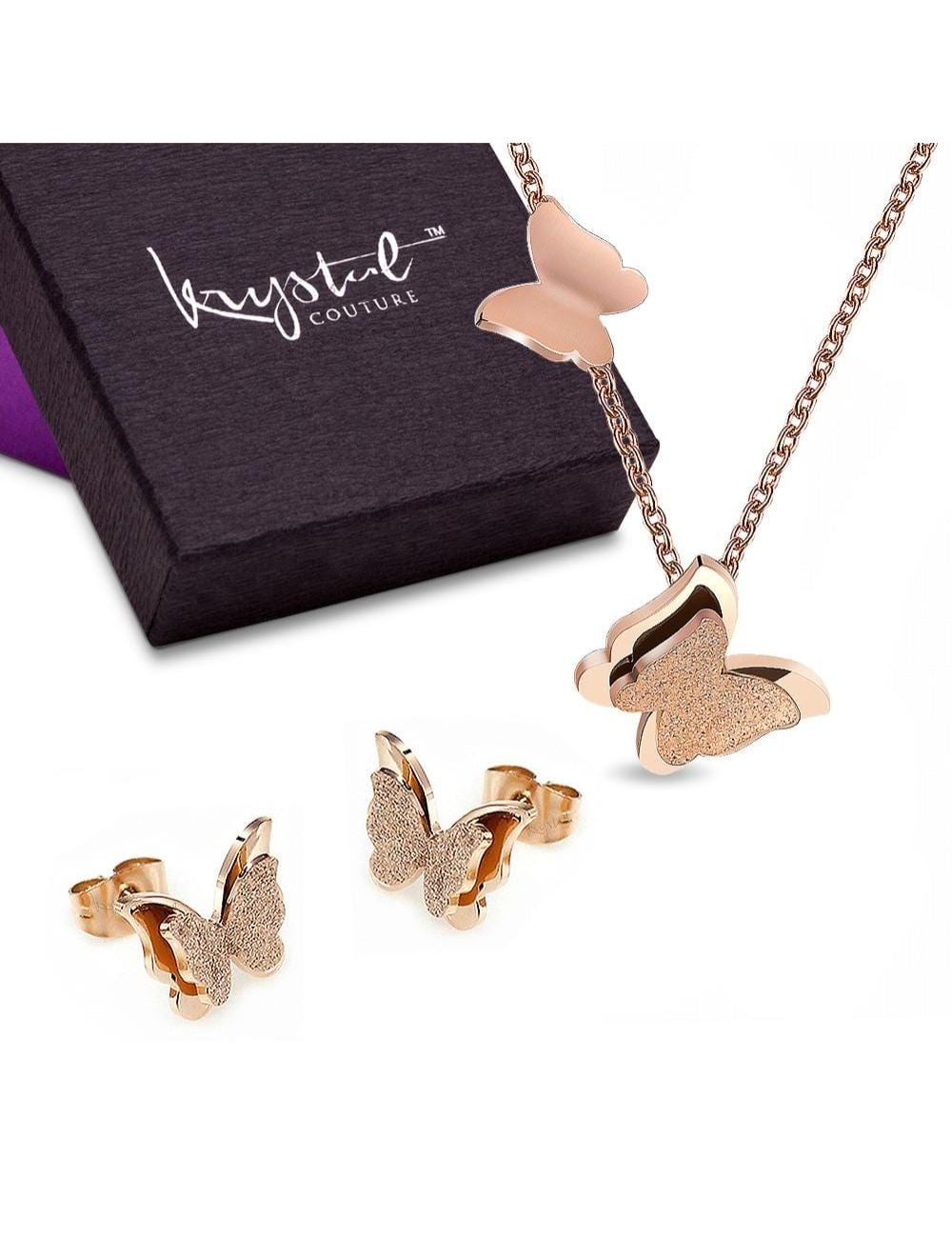 Bullion Gold Boxed Butterfly Aura Necklace And Earrings Set | Rockmans