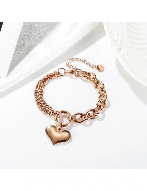 Bullion Gold Boxed Lovely Heart Charm Dual Link Bracelet and Stud Earrings Set in Rose Gold, hi-res image number null