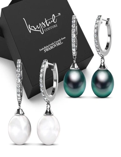Krystal Couture Boxed 2 Pairs Flawless Pearl Drop Hoop Earrings Set iEmbellished with Swarovski® Crystal Iridescent Tahitian Look Pearls in White Gold, hi-res image number null