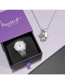 Krystal Couture Tabby Boxed Lux White Gold Watch & Feline Necklace Set.