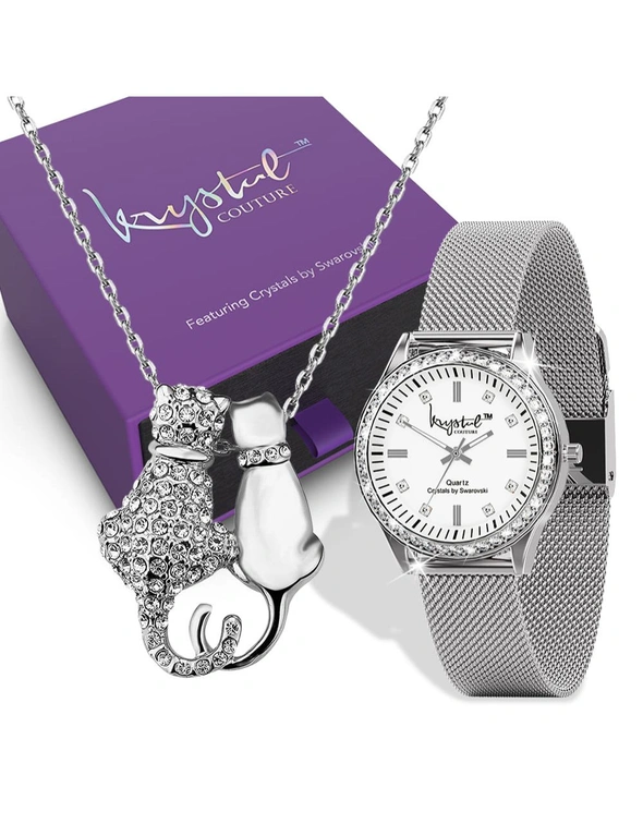 Krystal Couture Tabby Boxed Lux White Gold Watch & Feline Necklace Set., hi-res image number null