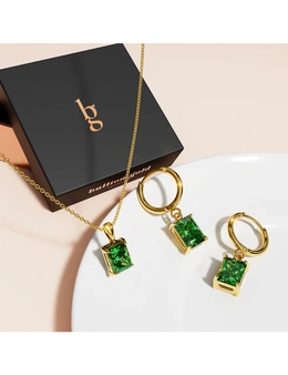 Bullion Gold Boxed Emerald Green Zircon Rectangular Necklace and Earrings Set