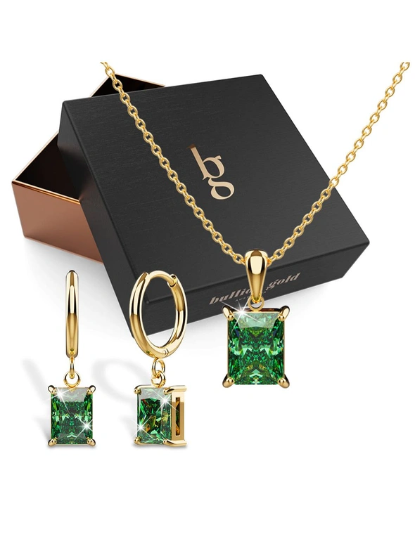 Bullion Gold Boxed Emerald Green Zircon Rectangular Necklace and Earrings Set, hi-res image number null