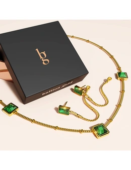 Bullion Gold Boxed Square Bezel Emerald Green Necklace   and Dangly Stud Earring Set