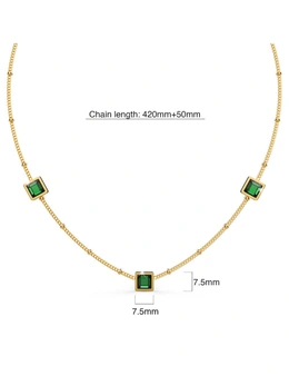 Bullion Gold Boxed Square Bezel Emerald Green Necklace   and Dangly Stud Earring Set