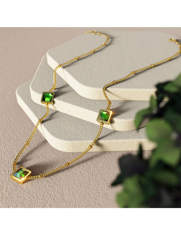 Bullion Gold Boxed Square Bezel Emerald Green Necklace   and Dangly Stud Earring Set, hi-res image number null