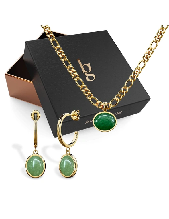 Bullion Gold Boxed Green Aventurine Luminary Necklace and Hoop Earrings Set in Gold, hi-res image number null